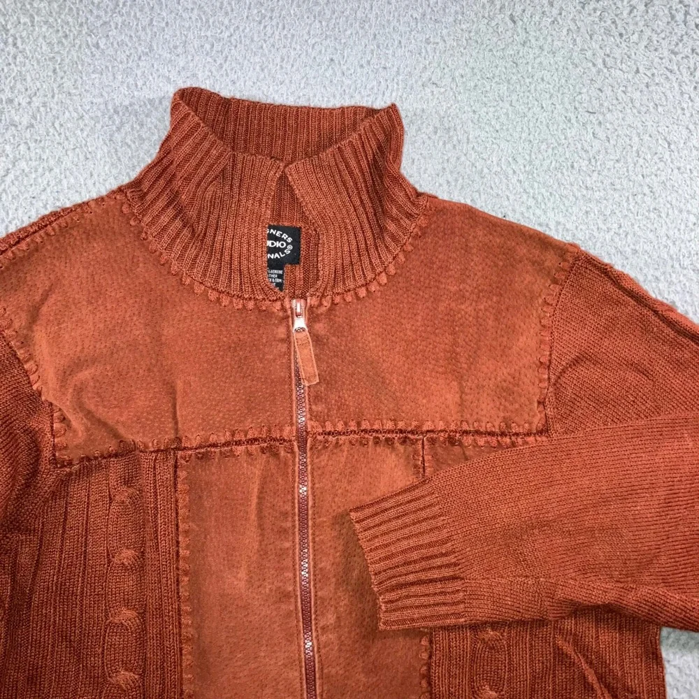 Vtg Leather Patchwork Sweater Mens L Rust Orange Knit‎ Two Way Zip Mock Neck y2k